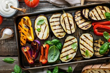 Summer picnic grilled vegetables with eggplant bell peppers ciabatta yogurt sauce basil on baking sheet top view Vegan sandwich ingredients - obrazy, fototapety, plakaty