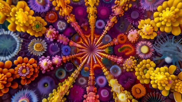 The delicate and intricate design of a marine microorganism is captured in this image showcasing its colorful and symmetrical structure . AI generation.