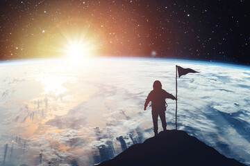 Silhouette of an astronaut with a flag against the backdrop of a planet and a shining star....