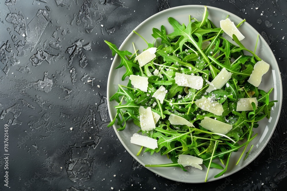 Canvas Prints arugula and parmesan salad on white plate with dark background and copy space