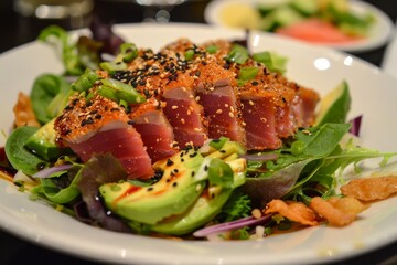 Ahi tuna with sesame crust greens cabbage avocado crispy wontons ginger dressing and wasabi aioli - Powered by Adobe