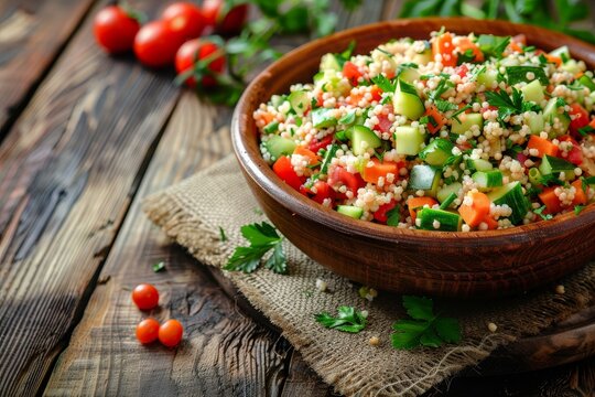 Asian tabbouleh salad with couscous in a brown bowl on a dark wood background