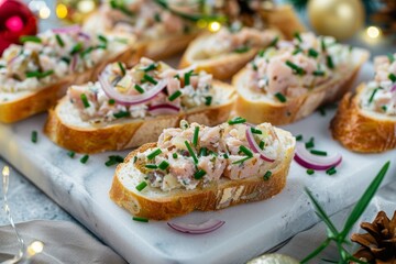 Baguette slices with tuna cream cheese onions and chives on a marble board Festive dinner table