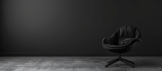 Fashionable chair in black set against a backdrop of dark gray wall, with space for text, creating a stylish interior ambiance.