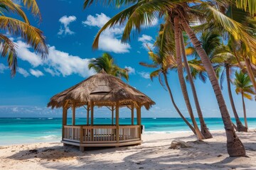 Beautiful gazebo on tropical beach summer vacation background Nice view of beach