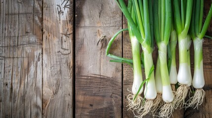 Green Onions also known as shallots or scallions set against a wooden background