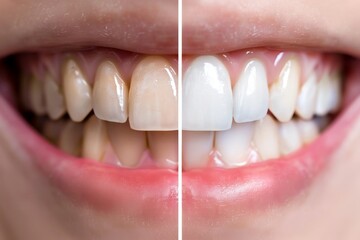 Before and after cosmetic dental treatment with ceramic veneers for teeth enhancement