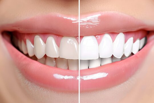 Before and after dental veneer treatment results in a perfect youthful and white smile makeover