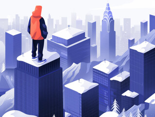 An illustration of a person standing atop a skyscraper overlooking a stylized urban cityscape.