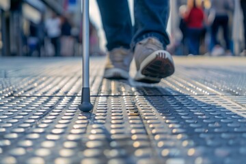 Blind person using white cane on tactile tiles for navigation