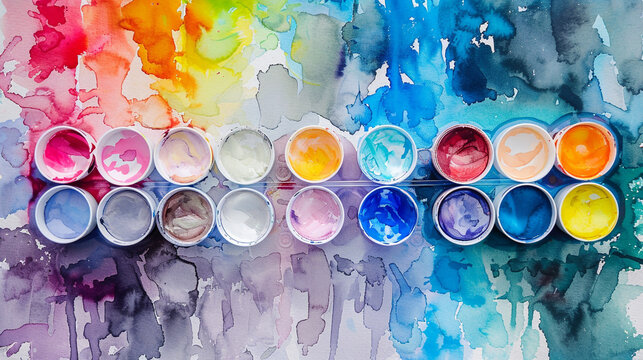 A set of vibrant watercolor paints blending together on a palette.
