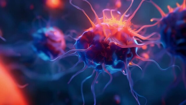 A closeup image of a dendritic cell presenting antigens to Tcells initiating an immune response. The dendritic cell is covered in . AI generation.