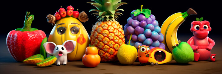 Banner with exotic fruits. Fantastic friendly fruit monsters.