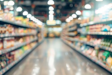 Blurred background of supermarket shelves and aisle