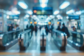 Blurred image of passengers passing through electronic gates at subway station during rush hour representing urban lifestyle and transportation