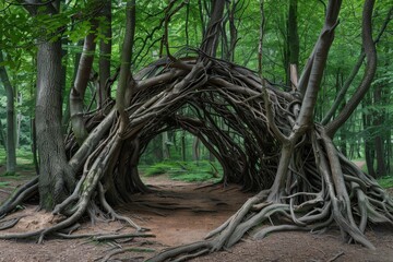 Branches and trunks intertwine to create a protective canopy for children to play in the forest - obrazy, fototapety, plakaty