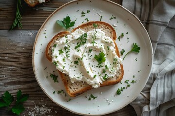 Bread with cream cheese on plate