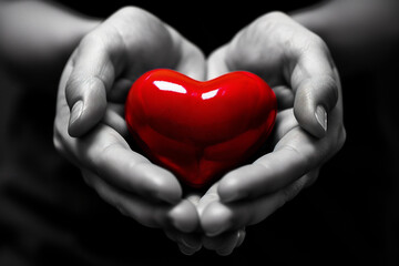 Obraz premium Close Up of Black and White Hands Holding a Red Heart, Depicting Compassionate Love and Charitable Giving