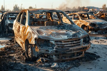 Burned cars in junkyard due to conflict