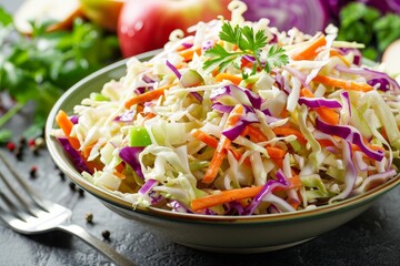 Cabbage carrot celery onion and apple coleslaw in a bowl