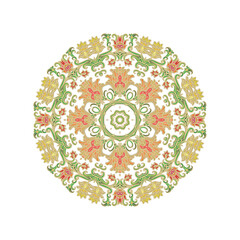 Ornamental golden laced vector floral composition, flourish vignette, rosette, mandala on white background