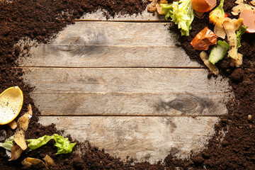 Frame made from organic waste and soil on wooden background. Compost recycling concept