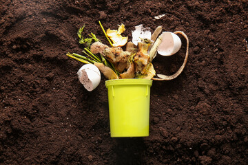 Bin with organic waste on soil. Compost recycling concept