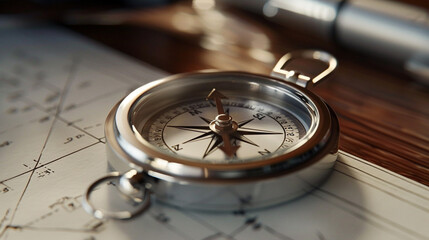 A sleek silver compass sitting on a drafting table, ready for precise measurements and drawings.