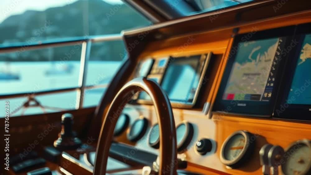 Poster a lole shot of a yacht helm featuring a large steering wheel adorned with various buttons and s. to 