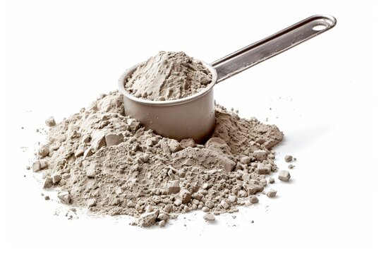 Cement powder with metal measuring spoon on white background