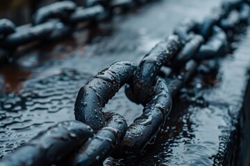 Chains connect on damp grimy metal