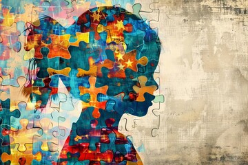 autism and adhd mind concept colorful puzzle pieces forming childs silhouette digital illustration