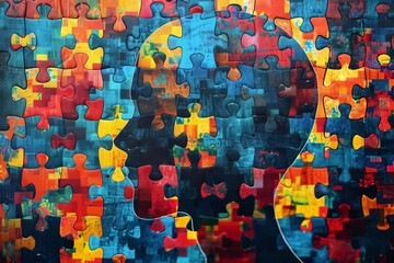 autism spectrum disorder concept colorful puzzle pieces in adult mind silhouette - obrazy, fototapety, plakaty