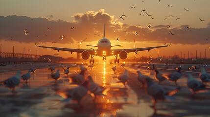 Airplane Unable to Take Off Due to Pigeons on Runway: Concept of Danger. AI Generated