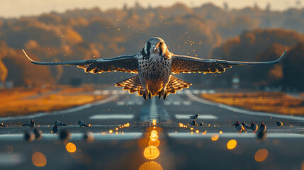 Falconry Falcon Flying Through Airport: Removing Endangered Concept Pigeons. AI Generated - obrazy, fototapety, plakaty