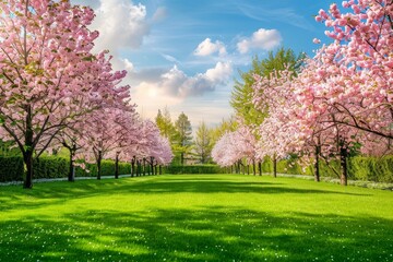Cherry trees blooming in a beautiful garden