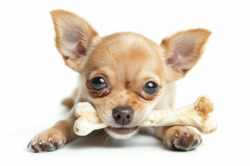 Chihuahua puppy holding a bone on white background