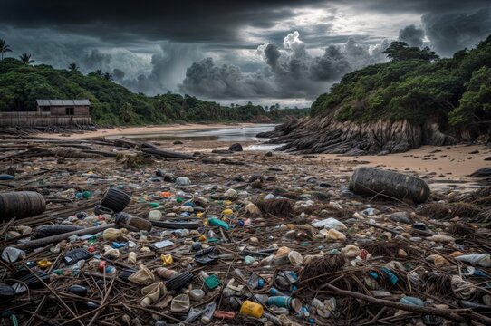 Trash on the beach with stormy sky