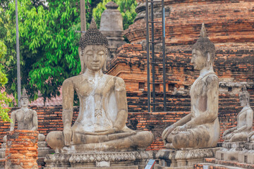 Fototapeta premium The background of important religious attractions, Wat Yai Chai Mongkhon, has an old Buddha statue and a large pagoda for tourists to study the history of Ayutthaya in Thailand.