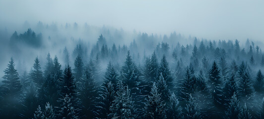 Fir forest on mountain slopes with misty fog and color toning Green mountain forest in the fog. Evergreen spruce and pine trees on the slopes. - obrazy, fototapety, plakaty