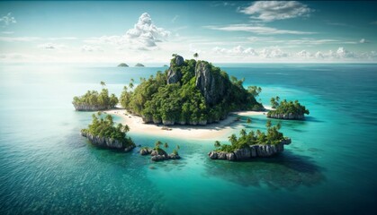 Panoramic aerial view of a small island in the ocean.