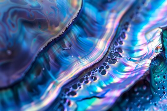 Close up of blue abalone pearl shell with shiny layers