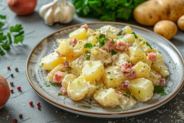Close up of German potato salad on plate and ingredients on table in rustic style