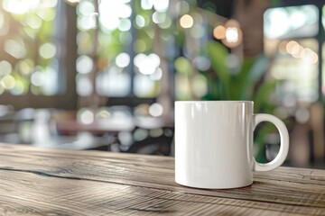 blank white coffee mug mockup on wooden table blurred cafe interior background product display template