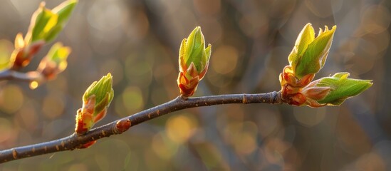 The initial days of spring bring a delicate backdrop of leaves, buds, and branches at a close-up level.