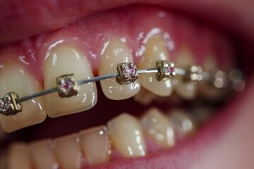 Close up of lingual braces in dental setting