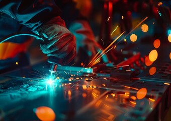 Close up of welder using portable laser welding machine Manufacturing industrial technology concept