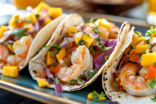 Close up photo of three fish tacos with homemade tortillas topped with shrimp and mango salsa at upscale Mexican restaurant