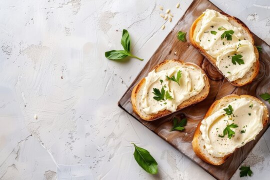 Cream cheese sandwich on light background suitable for banner menu recipe with text space top view