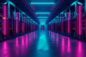 Fototapeta premium Data center with operational server racks in neon lighting showcasing technology concept and AI